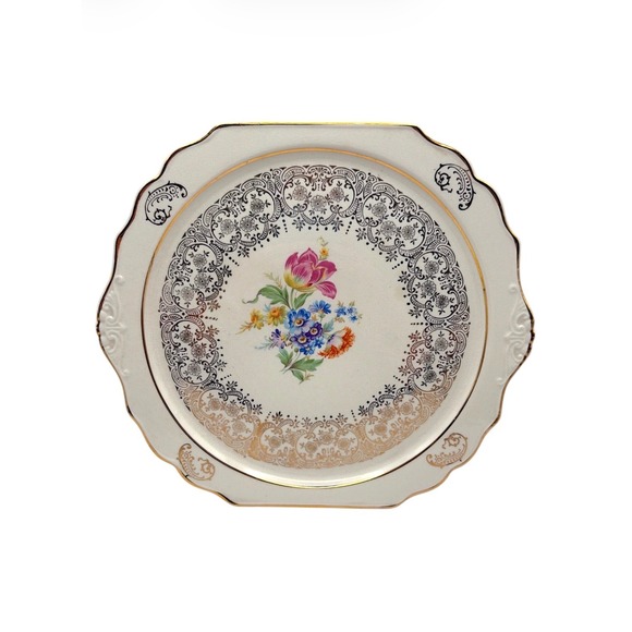 harker Other - Harker Tulip Bouquet Handle Cake Plate 12 1/4" 22K Gold Trim Floral USA Vintage